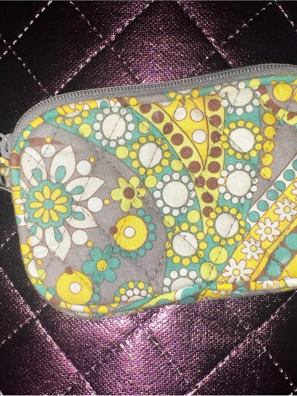 Vera Bradley Quilted Wristlet in Gray, Yellow & Teal Floral Print